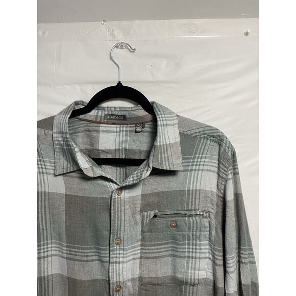 Toad and Co Button Up Flannel Shirt Men Medium‎ Gray Green Plaid Hiking Outdoors - Picture 1 of 5